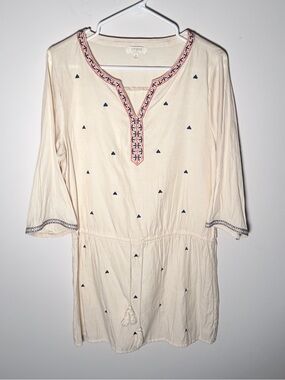 Umgee Cream Tunic with Navy and Coral Embroidery